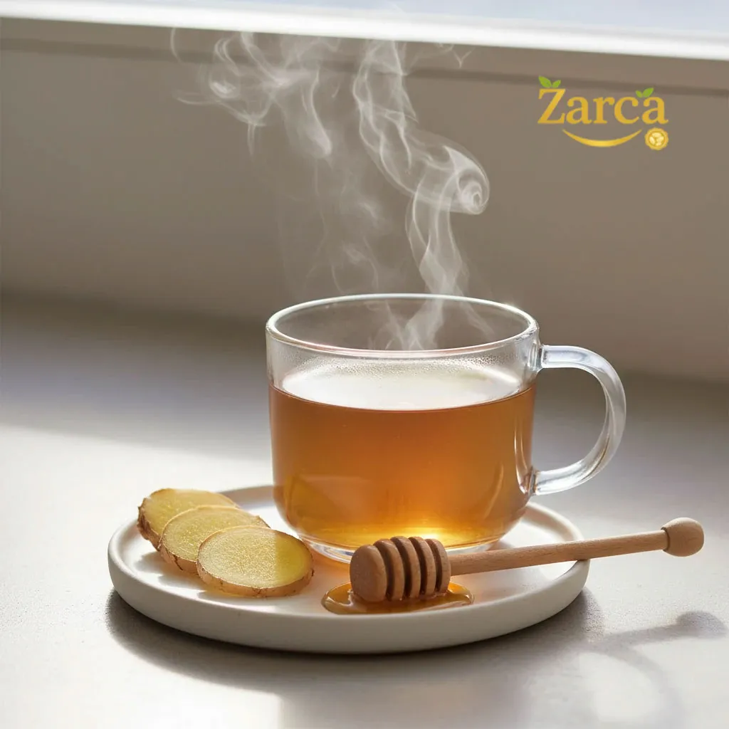 فنجان شفاف دمنوش زنجبیل و عسل همراه با چند حلقه زنجبیل تازه در کنار آن، مناسب برای درمان تهوع بارداری